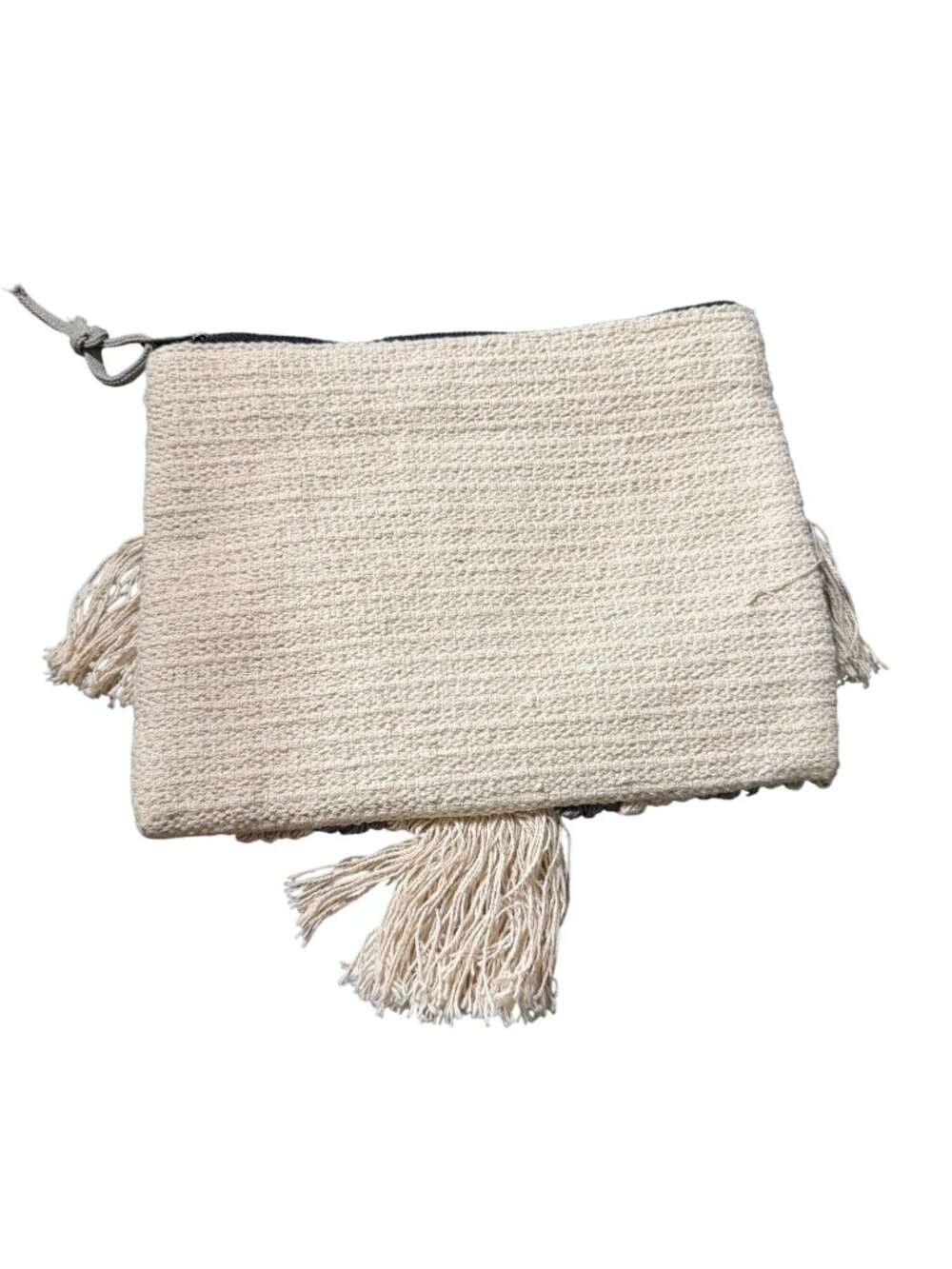 Monserat De Lucca Boho Woven Fringe Clutch Zip Pouch Beige Gray Textile Handbag - Picture 3 of 7